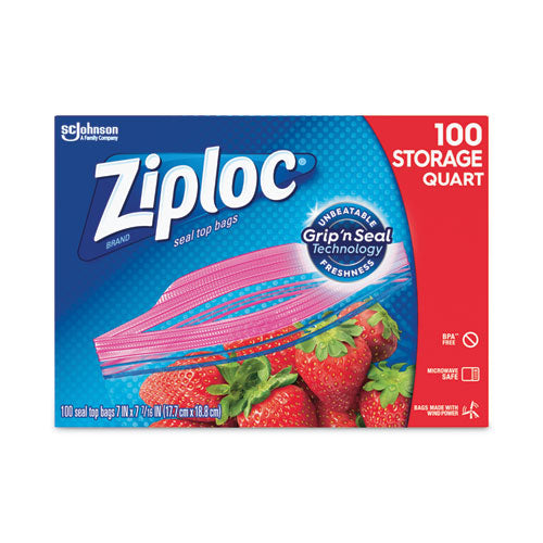 Image of ZiplocÂ® Seal Top Bags, Quart, 7.44" x 7", Clear, 100/Box
