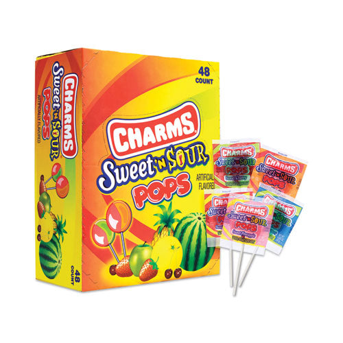 Image of Charms® 295132 Sweet and Sour Pop, Assorted Flavors, 0.63 oz Individually Wrapped, 48/Carton