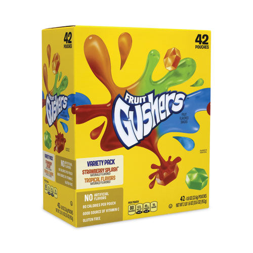 Image of Betty Crocker 14698 Fruit Gushers Fruit Snacks, Strawberry and Tropical Fruit Flavors, 0.8 oz, 42 Pouches/Carton