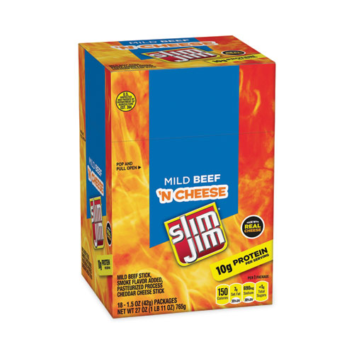 Image of Slim Jim® 11205 Beef and Cheese Meat Sticks, 1.5 oz Pack, 18/Carton