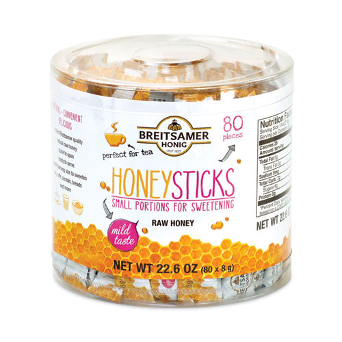 Image of Breitsamer Honig 156112 Raw Honey Sticks, 0.28 oz, 80 Sticks/Tub, 1 Tub/Carton