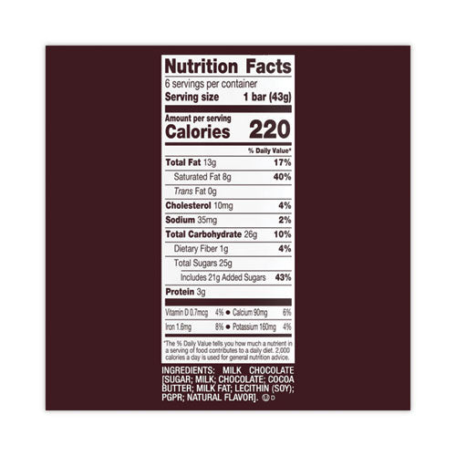 Image of Hershey®'s 29005 Milk Chocolate Bar, 1.55 oz Bar, 6 Bars/Pack, 2 Packs/Box