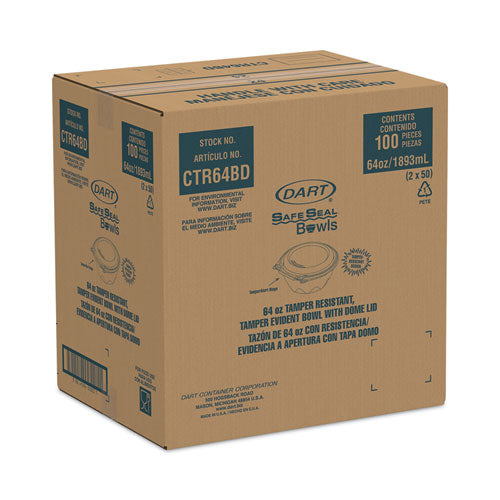 Image of Dart® CTR64BD SafeSeal Tamper-Resistant, Tamper-Evident Bowls with Dome Lid, 64 oz, 8.9" Diameter x 4" h, Clear, Plastic, 100/Carton