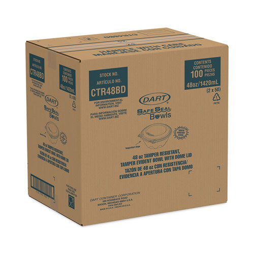 Image of Dart® CTR48BD SafeSeal Tamper-Resistant, Tamper-Evident Bowls with Dome Lid, 48 oz, 8.9" Diameter x 3.4" h, Clear, Plastic, 100/Carton