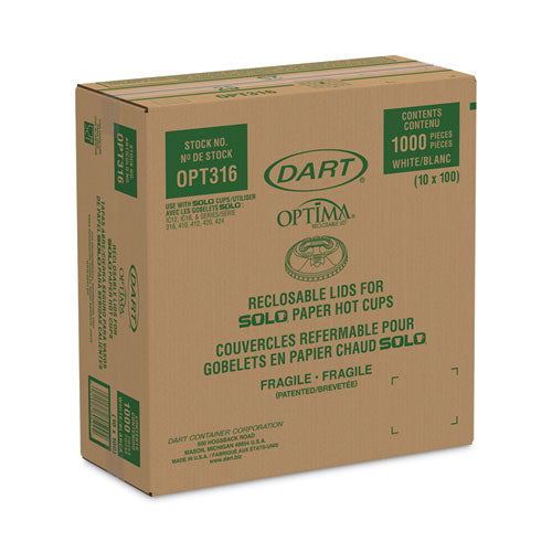 Image of Dart® OPT316 Optima Reclosable Lids for Hot Paper Cups, Fits 10 oz to 24 oz Hot Cups, Plastic, White, 1,000/Carton