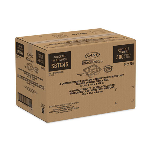 Image of DartÂ® TamperGuard Snack Boxes, 4 Compartments, 6.3 x 6.3 x 1.8, Clear, Plastic, 300/Carton