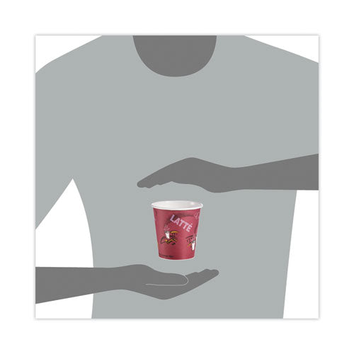 Image of SOLO® 510SI Paper Hot Drink Cups in Bistro Design, 3.54" Diameter x 3.61" h, 10 oz, Maroon, 1,000/Carton
