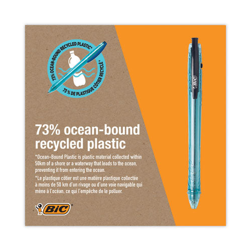 Image of BIC® BPRR11BK ReVolution Ocean Bound Ballpoint Pen, Retractable, Medium 1 mm, Black Ink, Translucent Blue Barrel, Dozen