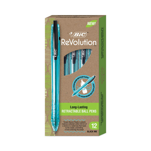 Image of BIC® BPRR11BK ReVolution Ocean Bound Ballpoint Pen, Retractable, Medium 1 mm, Black Ink, Translucent Blue Barrel, Dozen