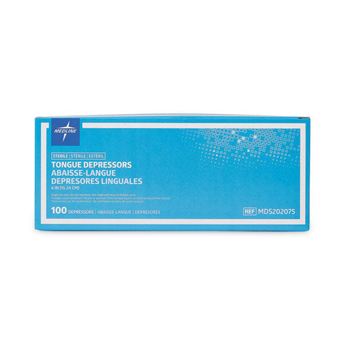 Image of Medline MDS202075 Sterile Tongue Depressors, Wood, 6" Long, 100/box