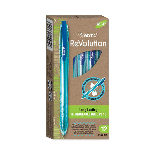 Image of BIC® BPRR11BE ReVolution Ocean Bound Ballpoint Pen, Retractable, Medium 1 mm, Blue Ink, Translucent Blue Barrel, Dozen