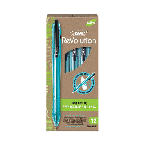 Image of BIC® BPRR11BK ReVolution Ocean Bound Ballpoint Pen, Retractable, Medium 1 mm, Black Ink, Translucent Blue Barrel, Dozen