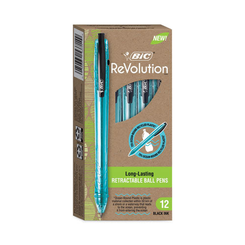 Image of BIC® BPRR11BK ReVolution Ocean Bound Ballpoint Pen, Retractable, Medium 1 mm, Black Ink, Translucent Blue Barrel, Dozen