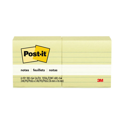 Image of Post-it® Notes 630-6PK Original Pads in Canary Yellow, Note Ruled, 3" x 3", 100 Sheets/Pad, 6 Pads/Pack
