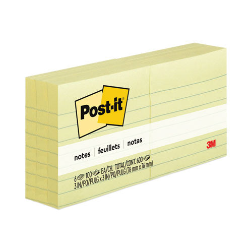 Image of Post-it® Notes 630-6PK Original Pads in Canary Yellow, Note Ruled, 3" x 3", 100 Sheets/Pad, 6 Pads/Pack