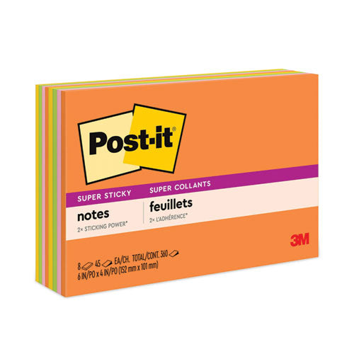 Image of Post-it® Notes Super Sticky 6445-SSP Meeting Notes in Energy Boost Collection Colors, 6" x 4", 45 Sheets/Pad, 8 Pads/Pack