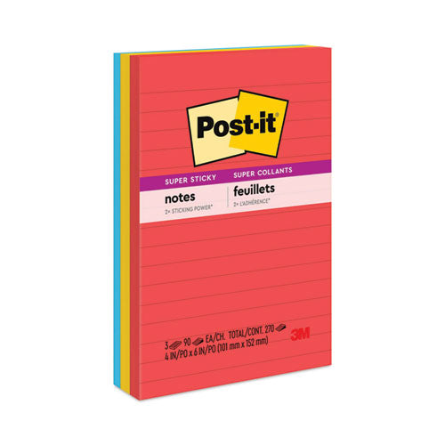 Image of Post-it® Notes Super Sticky 6603SSAN Pads in Playful Primary Collection Colors, Note Ruled, 4" x 6", 90 Sheets/Pad, 3 Pads/Pack
