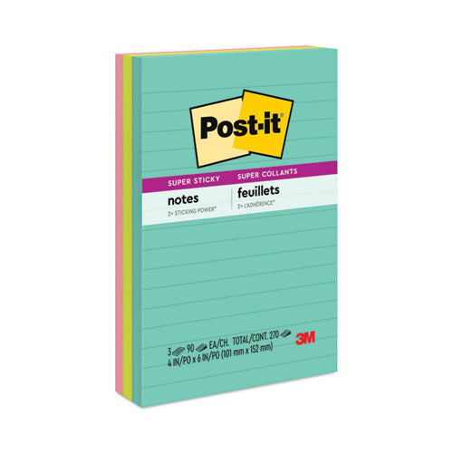 Image of Post-it® Notes Super Sticky 660-3SSMIA Pads in Supernova Neon Collection Colors, Note Ruled, 4" x 6", 90 Sheets/Pad, 3 Pads/Pack