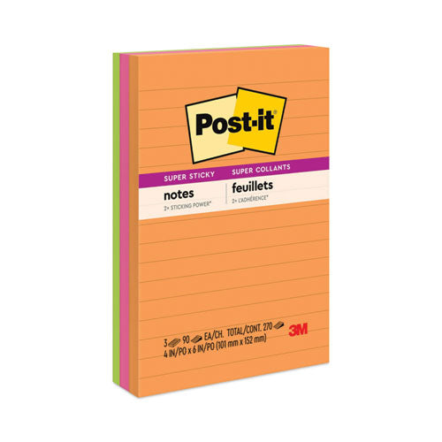 Image of Post-it® Notes Super Sticky 660-3SSUC Pads in Energy Boost Collection Colors, Note Ruled, 4" x 6", 90 Sheets/Pad, 3 Pads/Pack