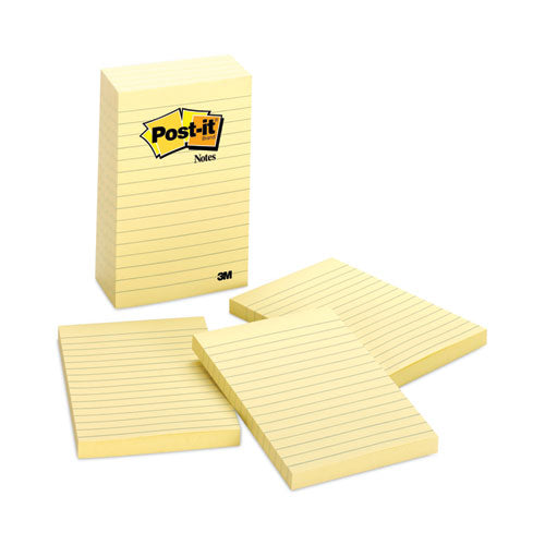 Image of Post-it® Notes 660-5PK Original Pads in Canary Yellow, Note Ruled, 4" x 6", 100 Sheets/Pad, 5 Pads/Pack