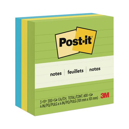Image of Post-it® Notes 675-3AUL Original Pads in Floral Fantasy Collection Colors, Note Ruled, 4" x 4", 200 Sheets/Pad, 3 Pads/Pack