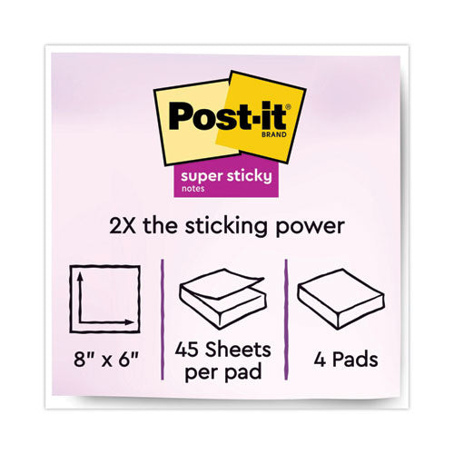 Image of Post-it® Notes Super Sticky 6845-SSP Meeting Notes in Energy Boost Collection Colors, 8" x 6", 45 Sheets/Pad, 4 Pads/Pack