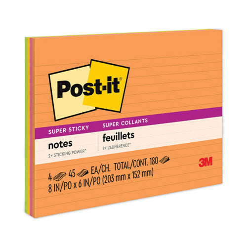 Image of Post-it® Notes Super Sticky 6845-SSPL Meeting Notes in Energy Boost Collection Colors, Note Ruled, 8" x 6", 45 Sheets/Pad, 4 Pads/Pack