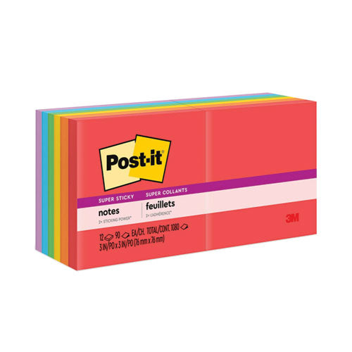 Image of Post-it® Notes Super Sticky 654-12SSAN Pads in Playful Primary Collection Colors, 3" x 3", 90 Sheets/Pad, 12 Pads/Pack