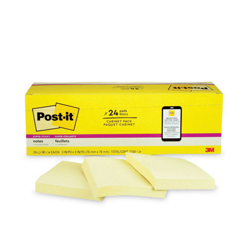 Image of Post-it® Notes Super Sticky 654-24SSCP Pads in Canary Yellow, Cabinet Pack, 3" x 3", 90 Sheets/Pad, 24 Pads/Pack