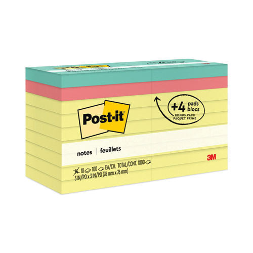 Image of Post-it® Notes 654-14-4B Original Pads Assorted Value Pack, 3 x 3, (14) Canary Yellow, (4) Poptimistic Collection Colors, 100 Sheets/Pad, 18 Pads/Pack