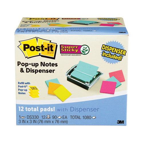 Image of Post-it® Pop-up Notes Super Sticky DS330-SSVA Pop-up Dispenser Value Pack, For 3 x 3 Pads, Black/Clear, Includes (12) Marrakesh Rio de Janeiro Super Sticky Pop-up Pad