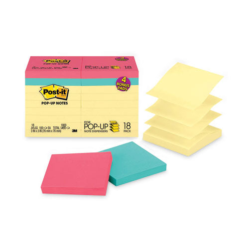 Image of Post-it® Dispenser Notes R330-14-4B Original Pop-up Notes Value Pack, 3 x 3, (14) Canary Yellow, (4) Poptimistic Collection Colors, 100 Sheets/Pad, 18 Pads/Pack