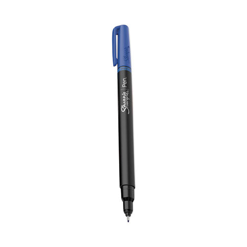 Image of Sharpie® 1742664 Water-Resistant Ink Porous Point Pen, Stick, Fine 0.4 mm, Blue Ink, Black/Blue Barrel, Dozen