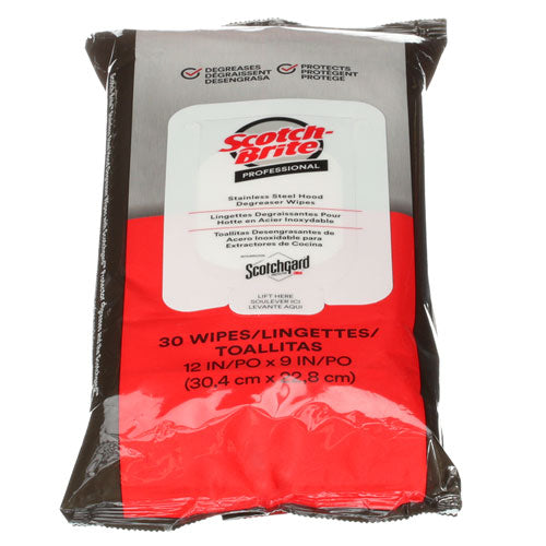 Image of Scotch-Brite 7100233381 Stainless Steel Hood Degreaser Wipes, 1-Ply, 9 x 12, Unscented, White, 30 Wipes/Pack, 6 Packs/Carton