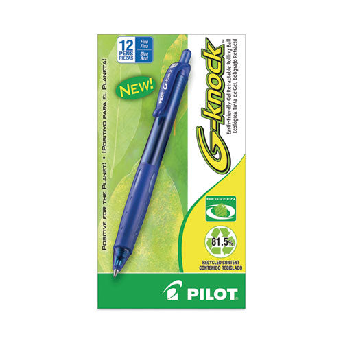 Image of Pilot® 31507 G-Knock BeGreen Gel Pen, Retractable, Fine 0.7 mm, Blue Ink, Translucent Blue/Blue Barrel, Dozen