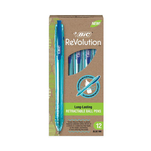 Image of BIC® BPRR11BE ReVolution Ocean Bound Ballpoint Pen, Retractable, Medium 1 mm, Blue Ink, Translucent Blue Barrel, Dozen