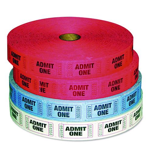 Image of Iconex PMC59001 Admit-One Ticket Multi-Pack, 2 Red, 1 Blue, 1 White, 2,000/Roll, 4 Rolls/Pack