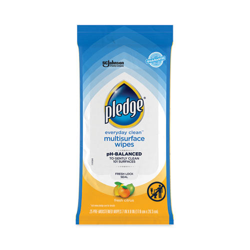 Image of Pledge® 319249EA Multi-Surface Cleaner Wet Wipes, Cloth, 7 x 10, Fresh Citrus, White, 25 Wipes