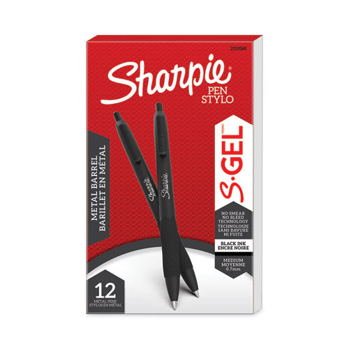 Image of Sharpie® S-Gel 2153580 S-Gel Premium Metal Barrel Gel Pen, Retractable, Medium 0.7 mm, Black Ink, Black Barrel, Dozen