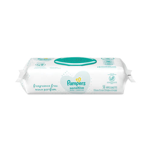 Image of Pampers® 80741436 Sensitive Baby Wipes, 1-Ply, 6.8 x 7, Unscented, White, 56/Pack, 8 Packs/Carton