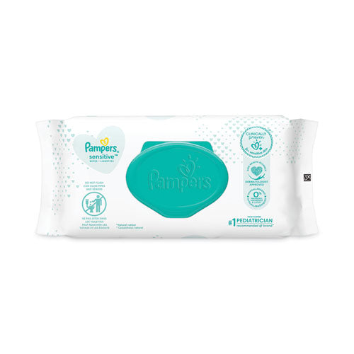 Image of Pampers® 80741436 Sensitive Baby Wipes, 1-Ply, 6.8 x 7, Unscented, White, 56/Pack, 8 Packs/Carton