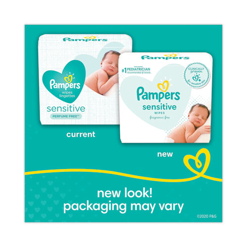 Image of Pampers® 80741436 Sensitive Baby Wipes, 1-Ply, 6.8 x 7, Unscented, White, 56/Pack, 8 Packs/Carton