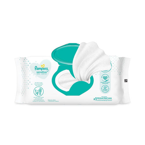 Image of Pampers® 80741436 Sensitive Baby Wipes, 1-Ply, 6.8 x 7, Unscented, White, 56/Pack, 8 Packs/Carton