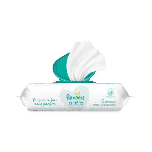 Image of Pampers® 80741436 Sensitive Baby Wipes, 1-Ply, 6.8 x 7, Unscented, White, 56/Pack, 8 Packs/Carton