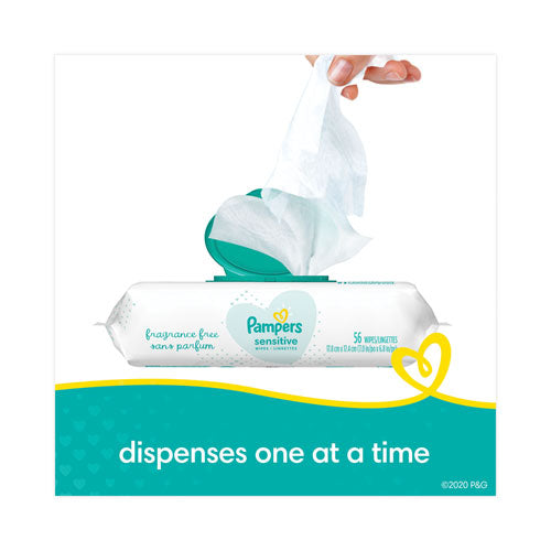 Image of Pampers® 80741436 Sensitive Baby Wipes, 1-Ply, 6.8 x 7, Unscented, White, 56/Pack, 8 Packs/Carton