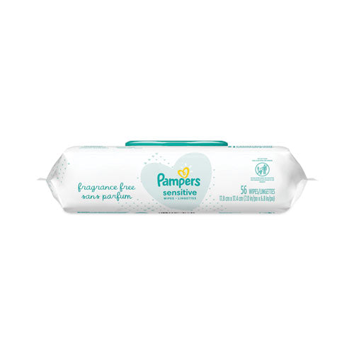 Image of Pampers® 80741436 Sensitive Baby Wipes, 1-Ply, 6.8 x 7, Unscented, White, 56/Pack, 8 Packs/Carton