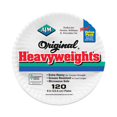 Image of AJM Packaging Corporation AJM OH9AJBXWH Original Heavyweights Paper Plates, 9" dia, White, 120/Pack, 8 Packs/Carton