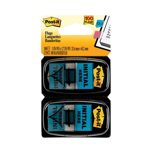 Image of Post-it® Flags 680-IH2 Arrow Message 1" Page Flags, "Initial Here", Blue, 50 Flags Dispensers/2 Dispensers/Pack
