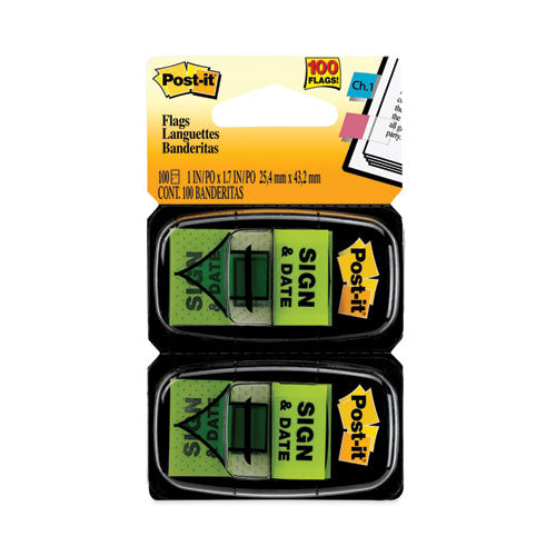 Image of Post-it® Flags 680-SD2 Arrow Message 1" Page Flags, "Sign and Date", Green, 50 Flags/Dispenser, 2 Dispensers/Pack