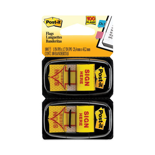 Image of Post-it® Flags 680-SH2 Arrow Message 1" Page Flags, "Sign Here", Yellow, 50 Flags/Dispenser, 2 Dispensers/Pack